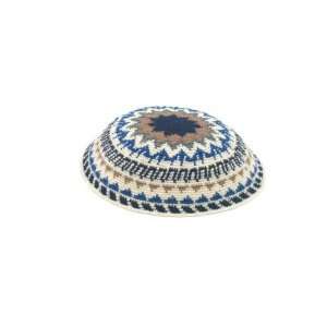  White DMC Knitted Kippah with Blue, Brown and Green 