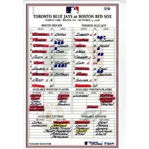  Blue Jays at Red Sox 9 13 2008 Game Used Lineup Card 