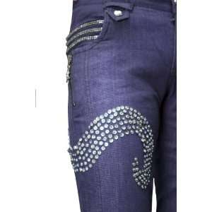  Silver Sequence & Bead Wave Embroidered Navy Blue Jeans 