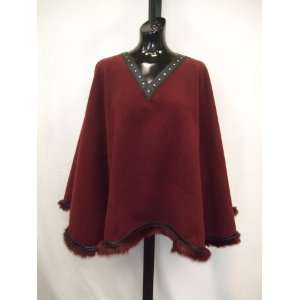   WOOL&CASHMERE/LEATHER/CHEZ CRYSTAL PONCHO MADE IN USA 