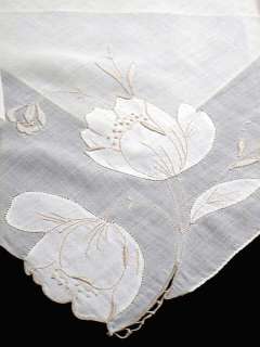 Vintage Cotton Madeira Embroidered White Floral Hankie  