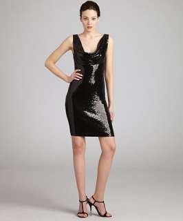 Nicole Miller black stretch sequins sleeveless cowl neck dress