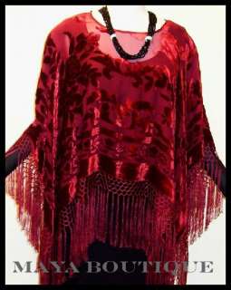Silk Burnout Velvet Poncho Top Fringe Piano Shawl Wrap Deep Red New 
