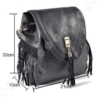 way PU Leather women lady drawstring shoulder bag backpack fringe 