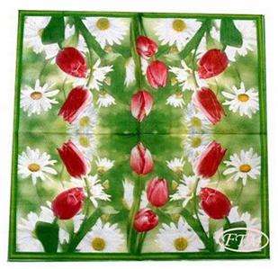 20 Paper Napkin Lunch Size  White Daisy&Tulip Green New on sale free 