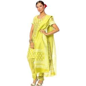  Lime Green Block Printed Chanderi Choodidaar Suit   Cotton 