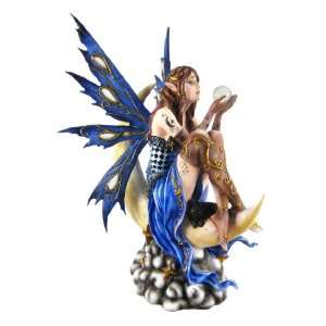    Large Blue Winged Fairy On Crescent Moon Statue