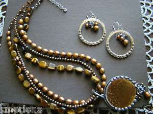 Silpada SET Tigers Eye Bronze Pearl Pendant Necklace N1838 & Earring 