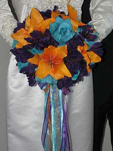 Purple Zinnas & Turquoise Roses & Orange Lilies Wedding Bouquet Set 