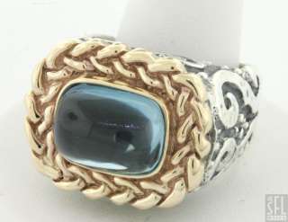 STERLING SILVER/14K GOLD JUMBO 5.0CT CABOCHON BLUE TOPAZ UNISEX RING 