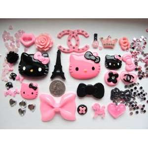  30 Mix Pink/Black Hello Kitty Bling Bling Flat Back Resin Cabochon 