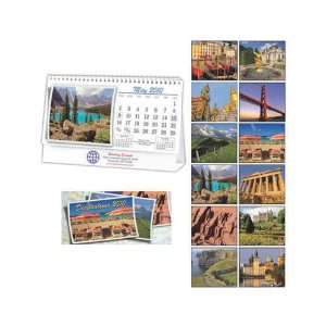   desk calendar with images of travel destinations.