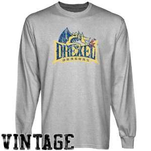   Drexel Dragons Ash Distressed Logo Vintage Long Sleeve T shirt Sports