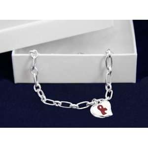  Burgundy Ribbon Bracelet Silver Linked w/ Puffed Heart (18 