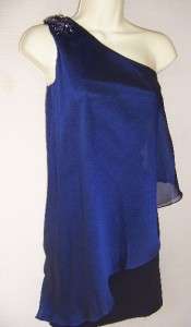 XSCAPE Navy Blue Chiffon One Shoulder Jeweled Cocktail Evening Dress 6 