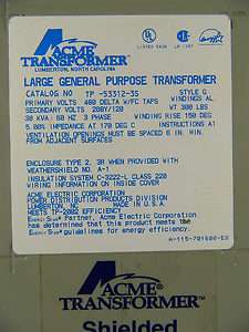 ACME 3 PHASE TRANSFORMER 30 KVA 480V 208/120V  