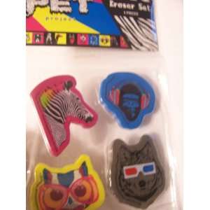  Pet Project ~ Set of 4 Animal Erasers (Zebra, Owl, Wolf 