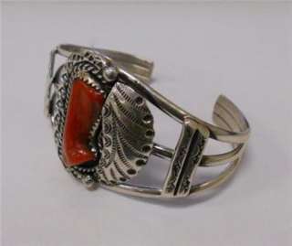 NATIVE AMERICAN STERLING SILVER BRACELET WITH LARGE CORAL STONE  