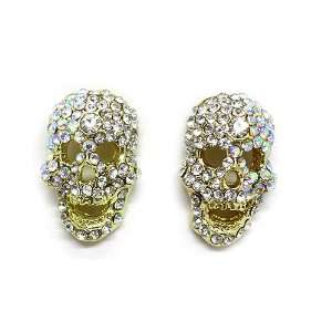  Skull Stud Earrings; 0.75L; Gold Metal with clear and AB 