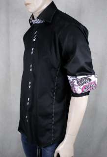   MIO 18 Mens woven Dress Shirt black checkered Pink paisley NEW  