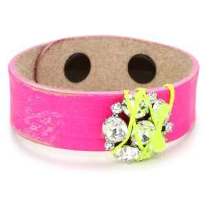   Neon Lead Crystal Embellished Pink Leather Cuff Bracelet Jewelry