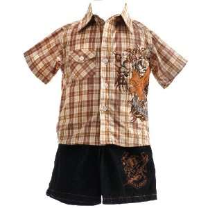   Boys Brown Plaid Shirt 3 Piece Denim Shorts Set 2T 4T Allura Baby