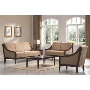  3pc Sofa Set with Beige Microfiber in Cappuccino Wood Frame 
