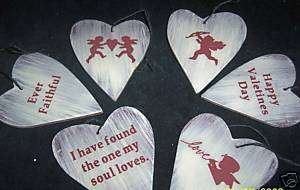 Primitive Valentines Wood Heart Ornament.set of six  