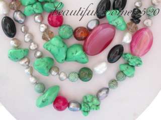 4row 23 green turquoise pink black agate gray white pearl NECKLACE.I 