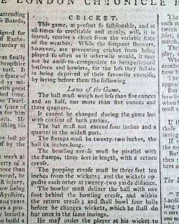 Great CRICKET Rules of the Game Bat Ball 1789 Newspaper  