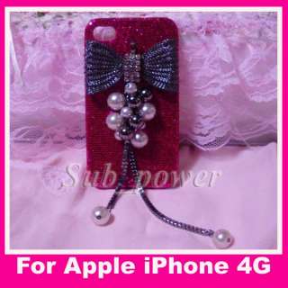 3D Rhinestone BOW pearl pendant Bling Crystal Case cover for iPhone 4 