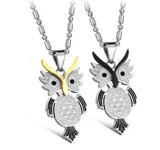 JN093 Fashion 316L Stainless Steel Charming Black & Gold Owls Couple 