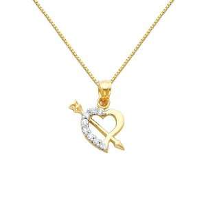 14K Yellow and Rose 2 Two Tone Gold Cupid Arrow CZ Heart Charm Pendant 