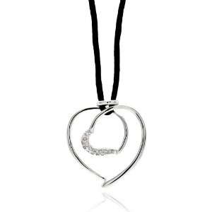 Nickel Free Brass Necklaces Open Heart With Black Cord Rhodium Plated 