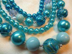 Vintage Multi 4 Strand NECKLACE Aqua Teal Blue Glass Foil Beads Japan 