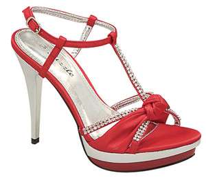   WOMENS RHINESTONE T STRAP SATIN BOW ANKLE STRAP SLINGBACK SANDALS RED