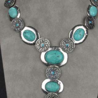 Oval Fancy Vintage Tibet Silver Nature Turquoise Diamante Necklace 