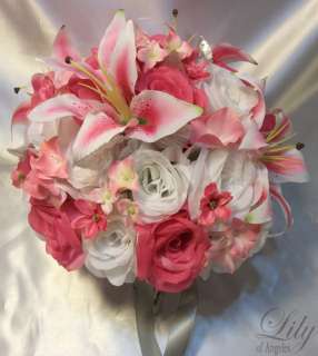 17pcs Wedding Bridal Bouquet Flower Bride Decorationn Package FUCHSIA 