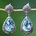 Silver Faceted Square Blue Topaz Bali Drop Earrings (Indonesia 