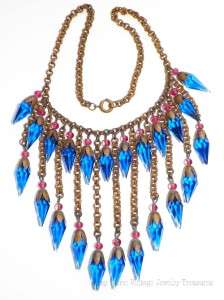   Miriam Haskell Cobalt Blue & Pink Glass Festoon Style Brass Necklace