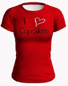 Love heart Cupcakes Novelty Tee Shirt BLACK RED WHITE  