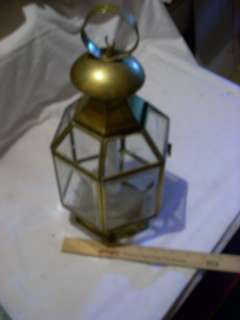 14 1/2 Inch Brass Candle Lantern 6 Sided Etched Panels  