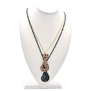   ] Lovely & Cute Leopard Double Cat Long Necklace / Brown. Jewelry