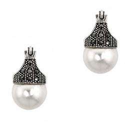 Sterling Silver Faux Pearl and Marcasite Earrings  