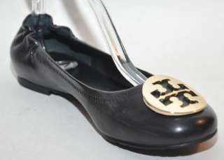 TORY BURCH Reva Black Leather Ballet Flat Gold Logo Womens Shoes 7 M 