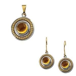   and 14K Yellow Gold Cabochon Citrine Earrings and Pendant Jewelry