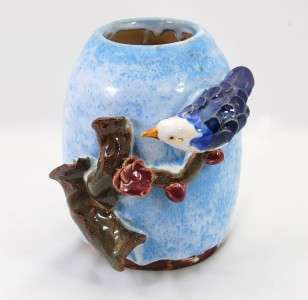 Mann MM Studio Art Pottery Applied Bird Vase Sky Blue  