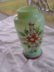 VTG Victorian Bristol Glass Vase Jadite Green Floral  