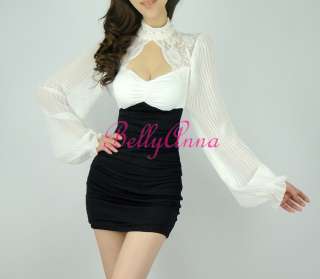  Lace Stand Up Collar High Waist Puff Sleeves Bodycon Club Dress  