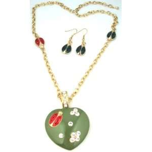   Enamel & Crystal Heart Pendant with Matching Ladybug Earrings Jewelry